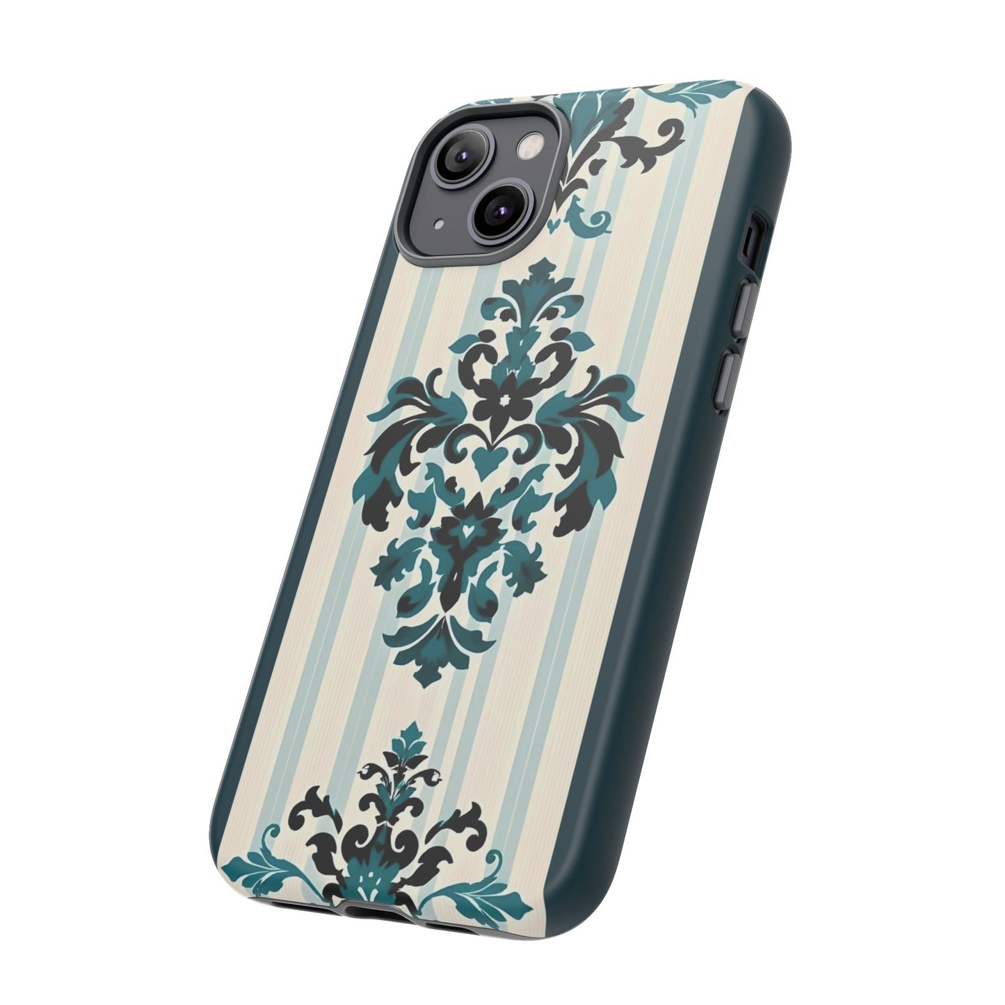 Elegant Floral Phone Case - Tough Cases with Vintage Design - Teal Striped Damask