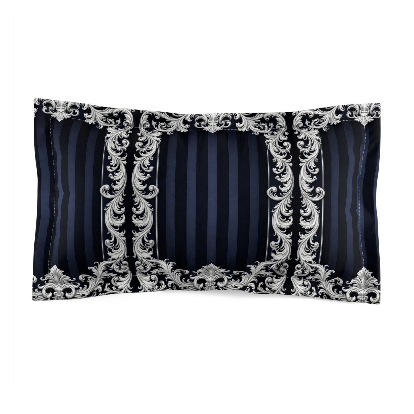 Navy Stripes & Baroque Pillow Sham – Ornate Silver Scroll Decorative Pillowcase