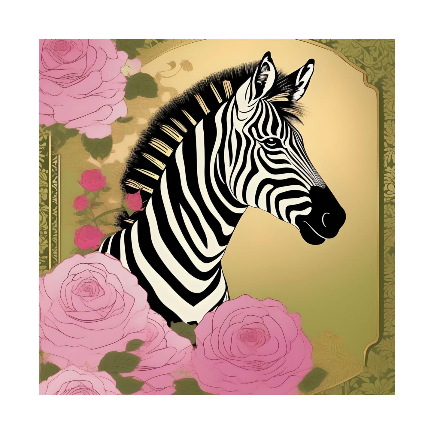 Floral Art Poster - Elegant Matte Vertical Wall Decor - Zebra With Roses In Pink & Olive