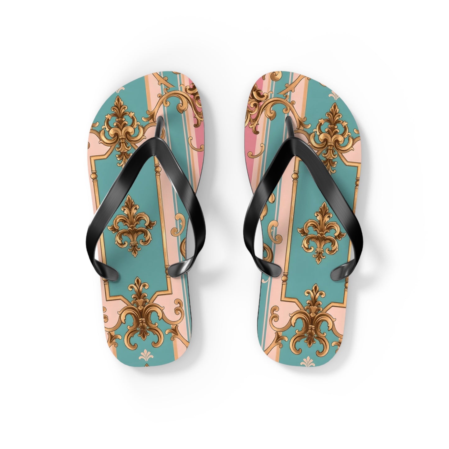 Stylish Flip Flops: Vintage Elegance for Summer Fun, Beachwear, Poolside, Vacation Essentials, Gift for Her - Pink & Matte Turquoise Striped Rococo