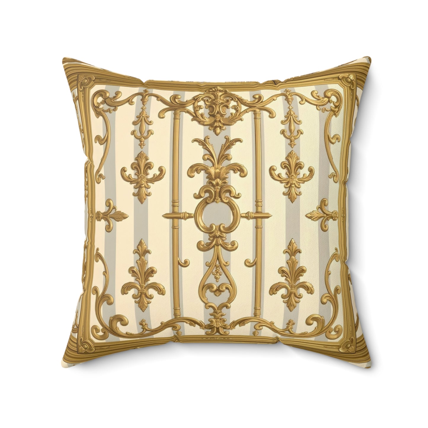 Elegant Decorative Pillow - Matte Gray & Cream Striped Gold Baroque