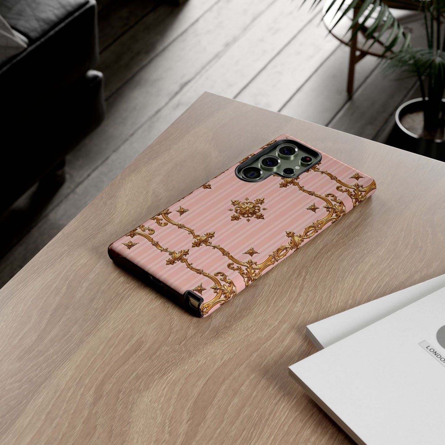 Elegant Floral Phone Case, Tough Cases for Women, Trendy Phone Cover, Chic Gift - Pink Striped Gold Baroque