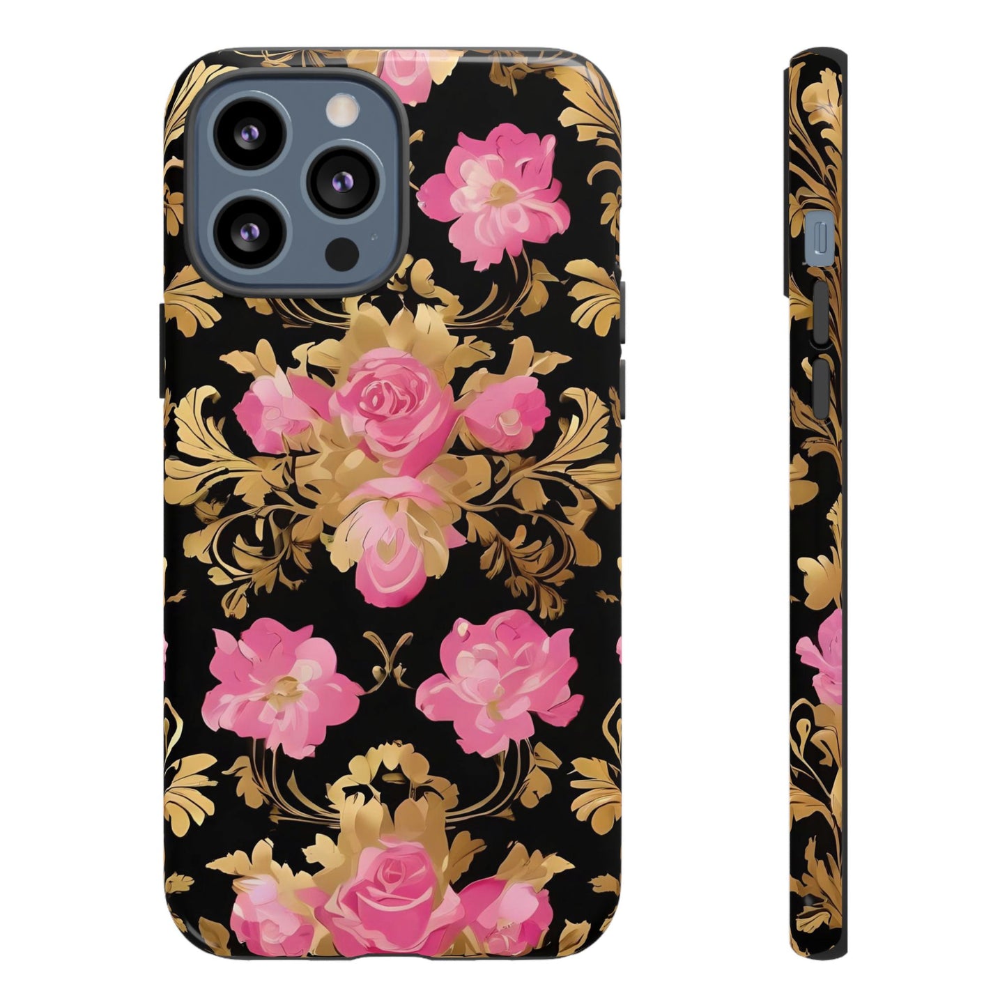 Elegant Floral Motif Phone Case - Tough Cases with Vintage Design - Pink & Gold Roses