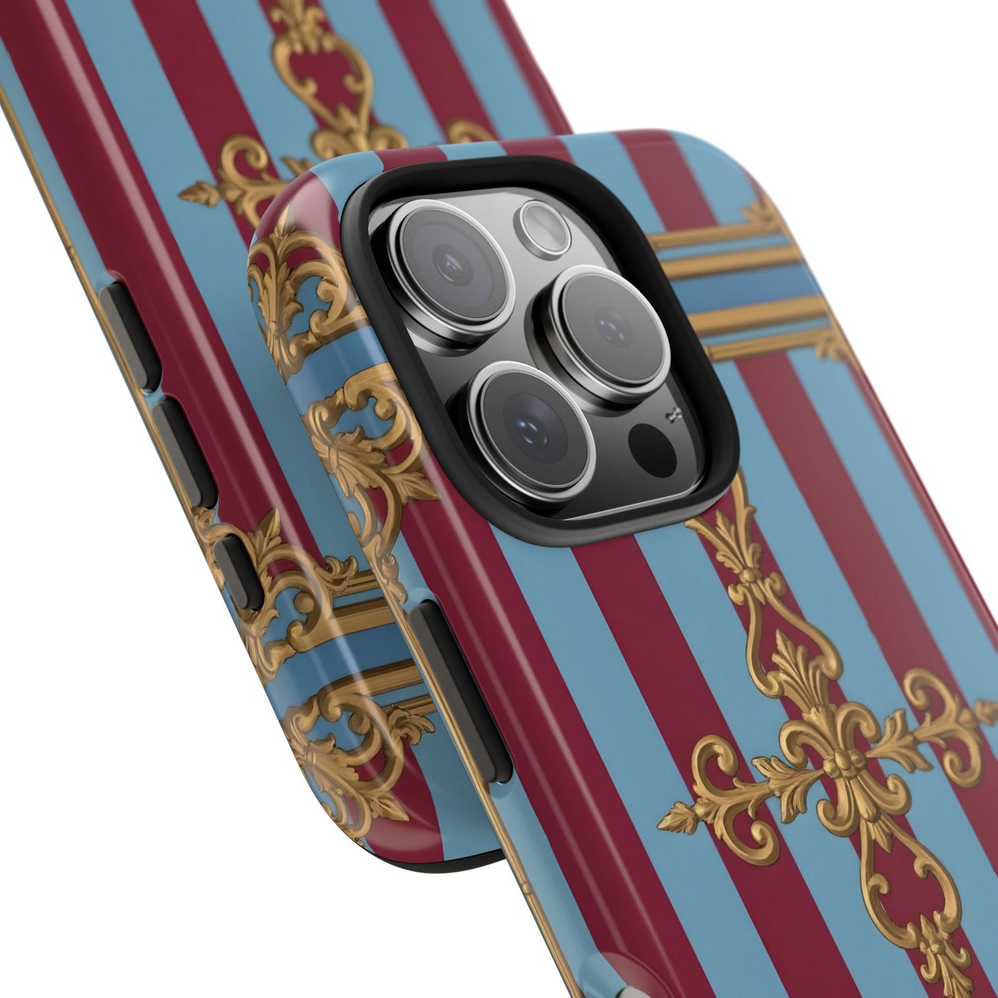 Elegant Patterned Tough Phone Cases, Stylish Phone Cover, Durable Phone Protection, Unique Gift Idea - Sky Blue & Maroon Striped Baroque