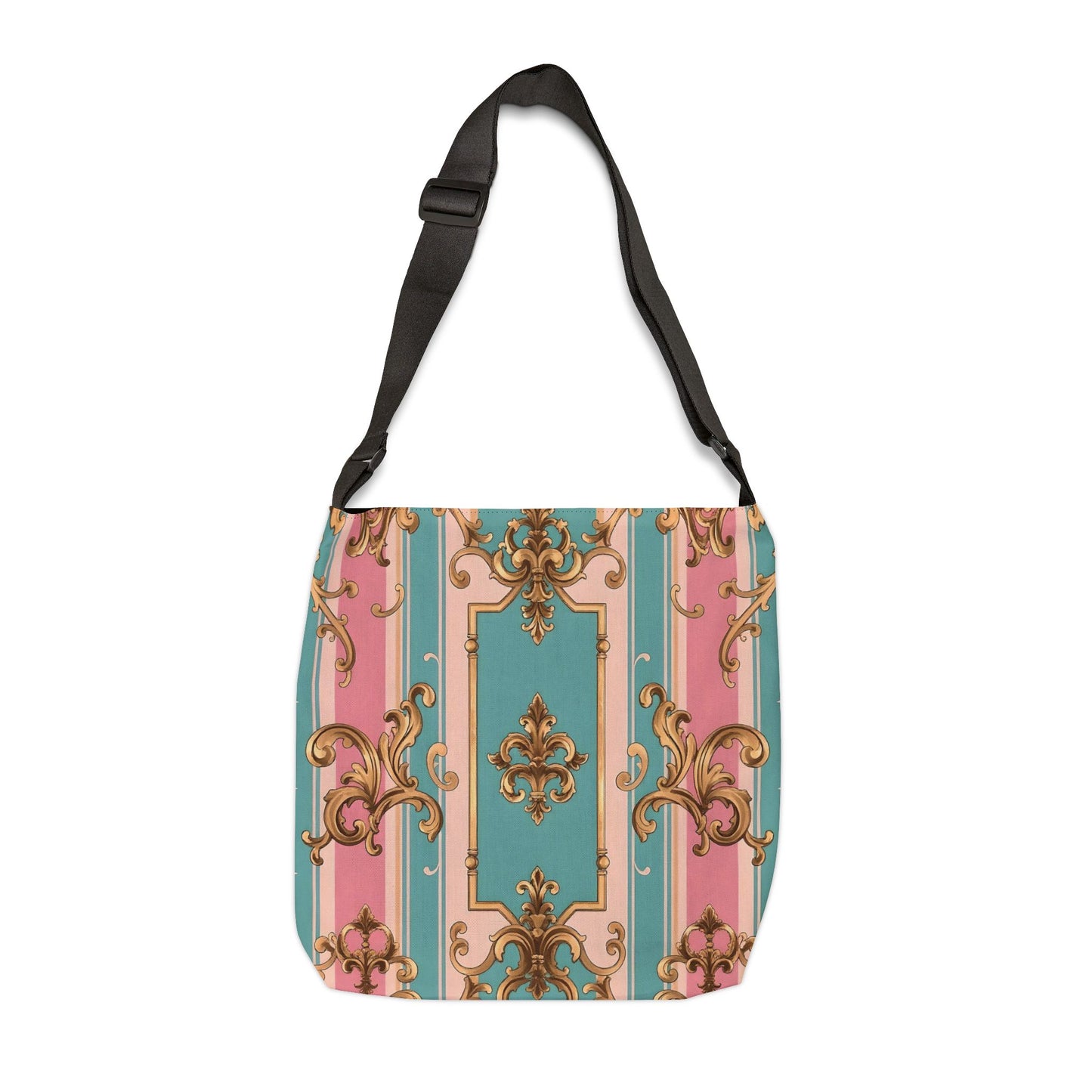Elegant Vintage Floral Adjustable Tote Bag, Stylish Handbag, Everyday Use, Gift for Her - Pink & Matte Turquoise Striped Rococo