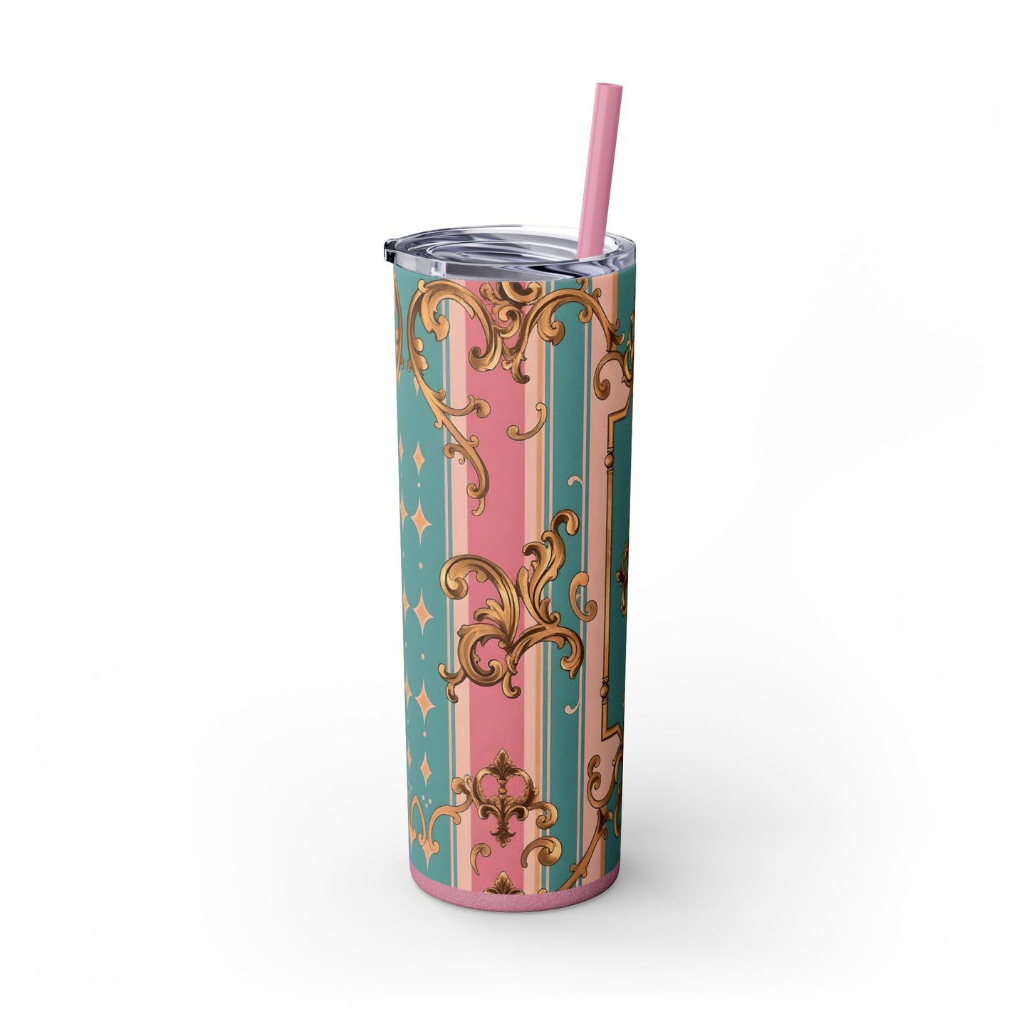 Elegant Floral Skinny Tumbler, 20oz Travel Mug, Stylish Drinkware, Perfect Gift for Her, Vintage Inspired - Pink & Matte Turquoise Striped Rococo
