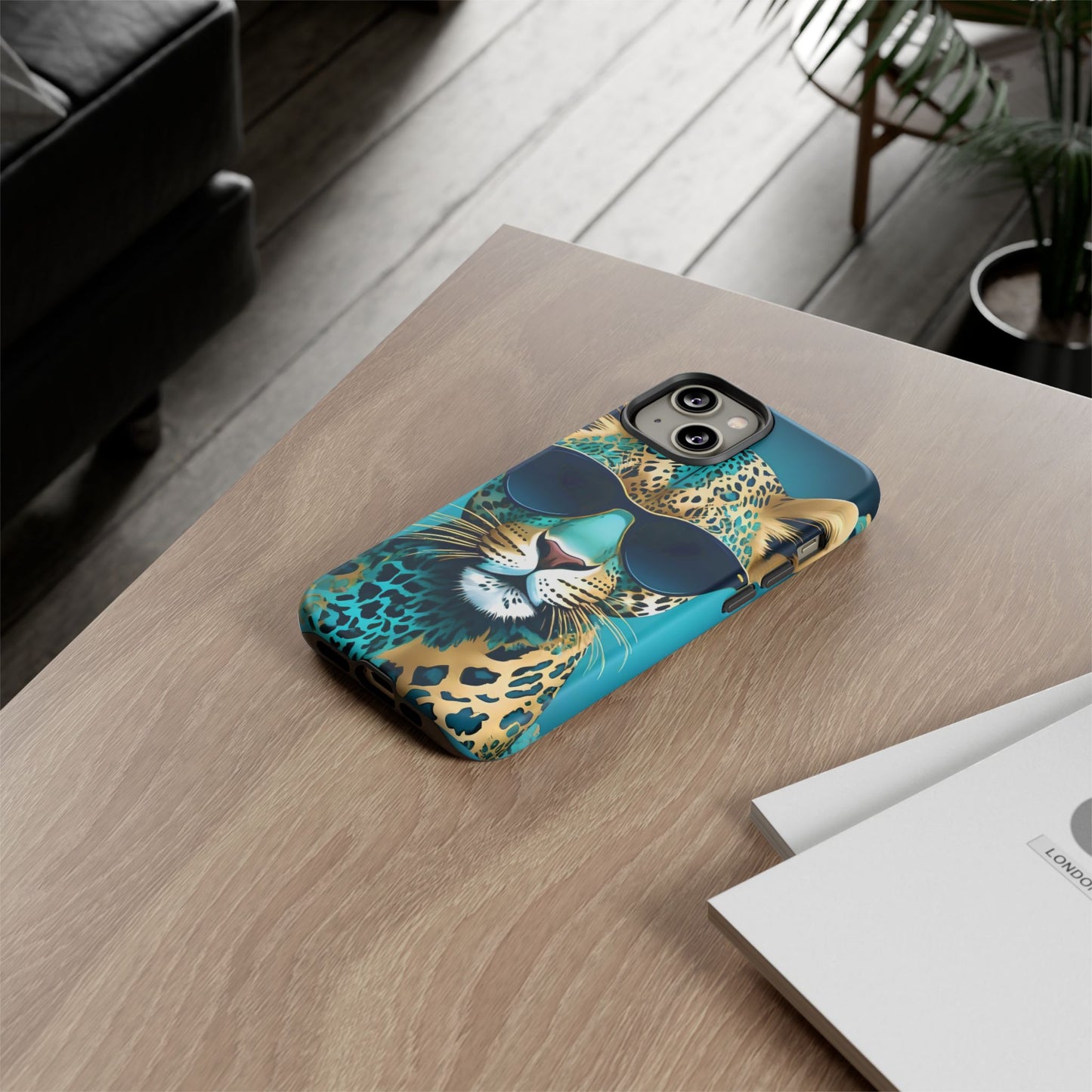 Phone Case - Aqua & Gold Leopard In Sunglasses Design