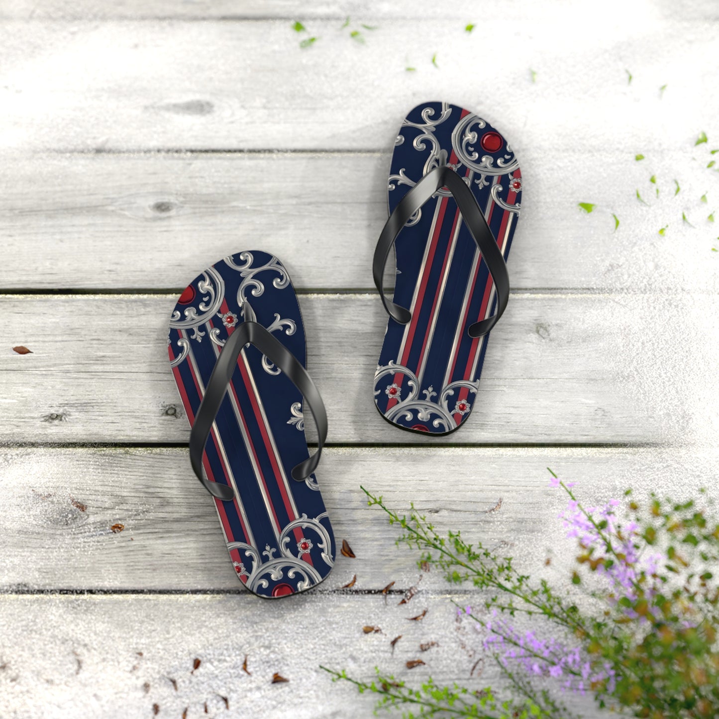 Elegant Nautical Flip Flops | Perfect for Beach Days, Summer Parties, Travel, Vacation, Poolside Relaxation - Blue & Red Striped Silver Baroque