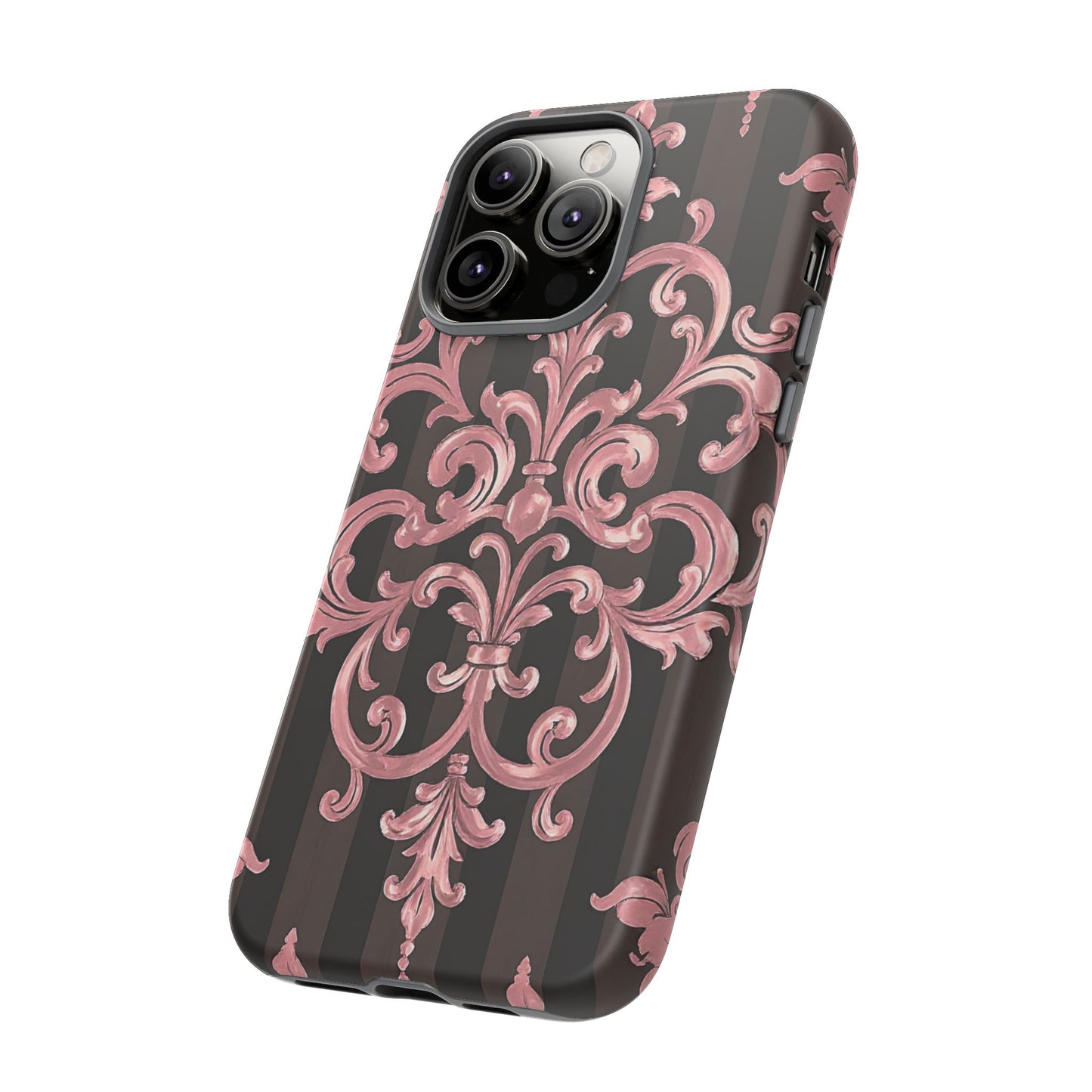 Elegant Floral Motif Phone Case - Tough Cases with Vintage Design - Brown Striped Mauve Damask