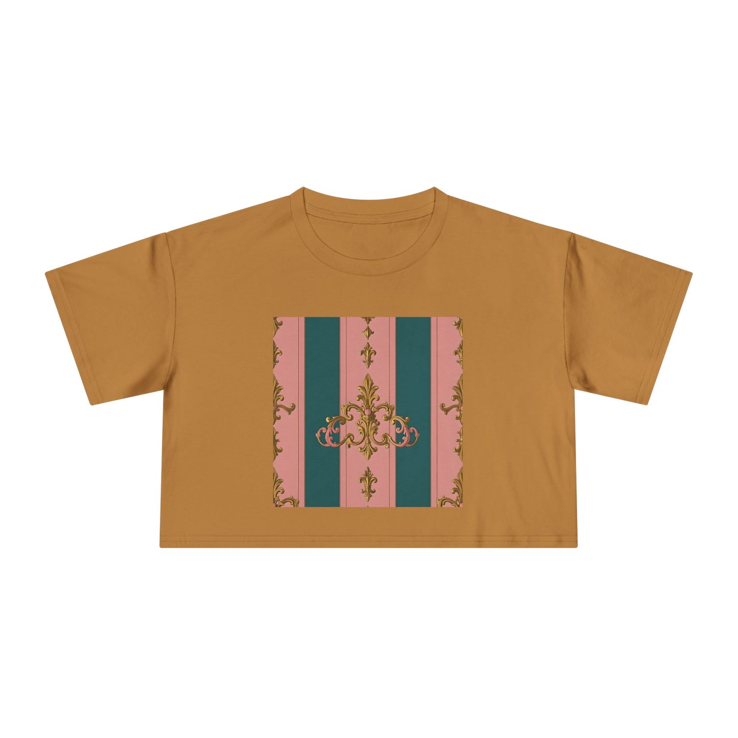 Baroque Vintage Women's Crop Tee, Casual Top, Summer Fashion, Trendy Shirt, Graphic T-Shirt, Gift for Her - Pink & Teal Striped Gold Baroque