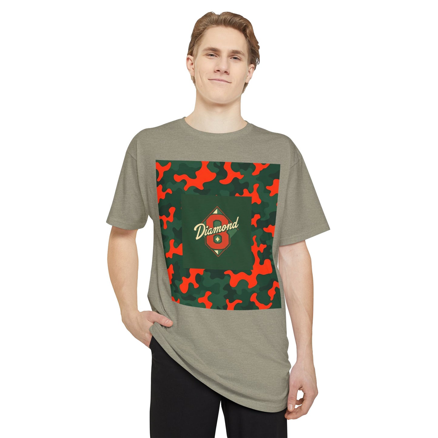 Urban Camo Long Body Tee, Trendy Streetwear, Summer Fashion Top, Unisex Casual Shirt, Gift for Him/Her - Green & Orange Camo Diamond 8