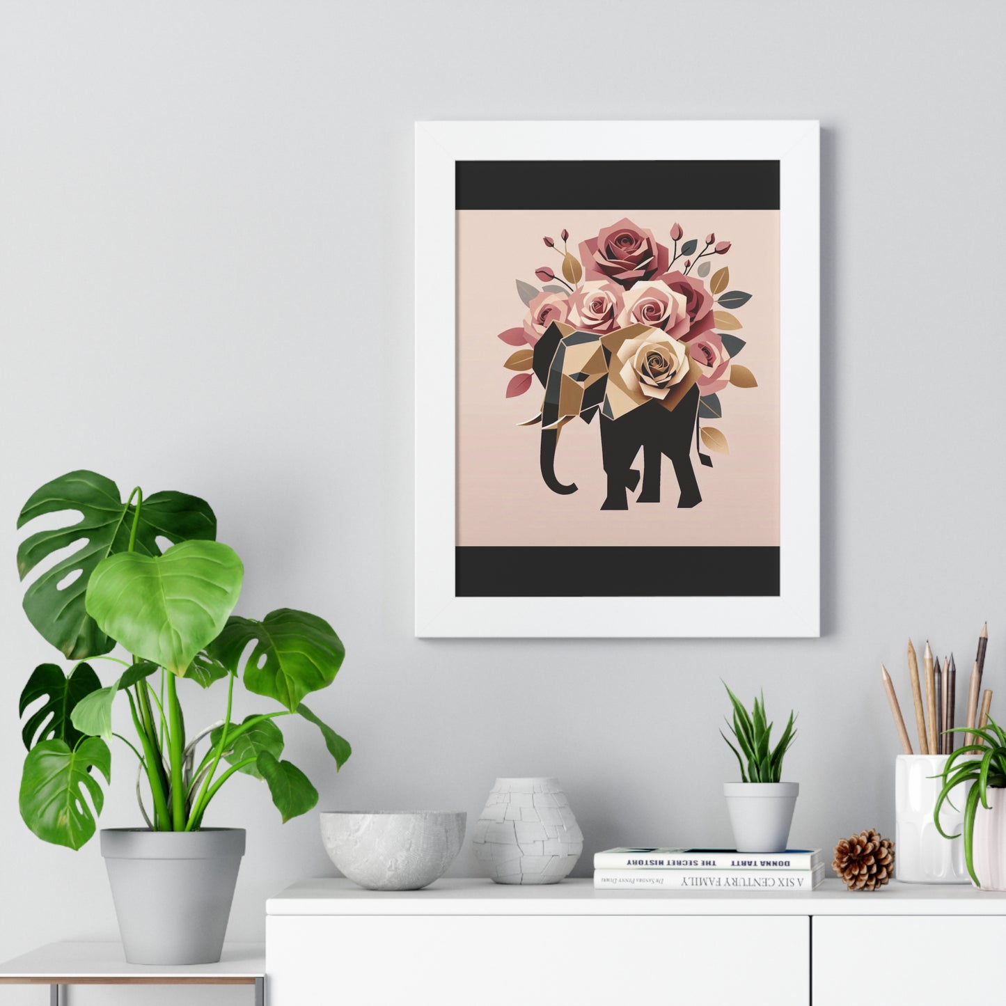 Vertical Poster - Black & Gold Elephant & Roses Wall Art