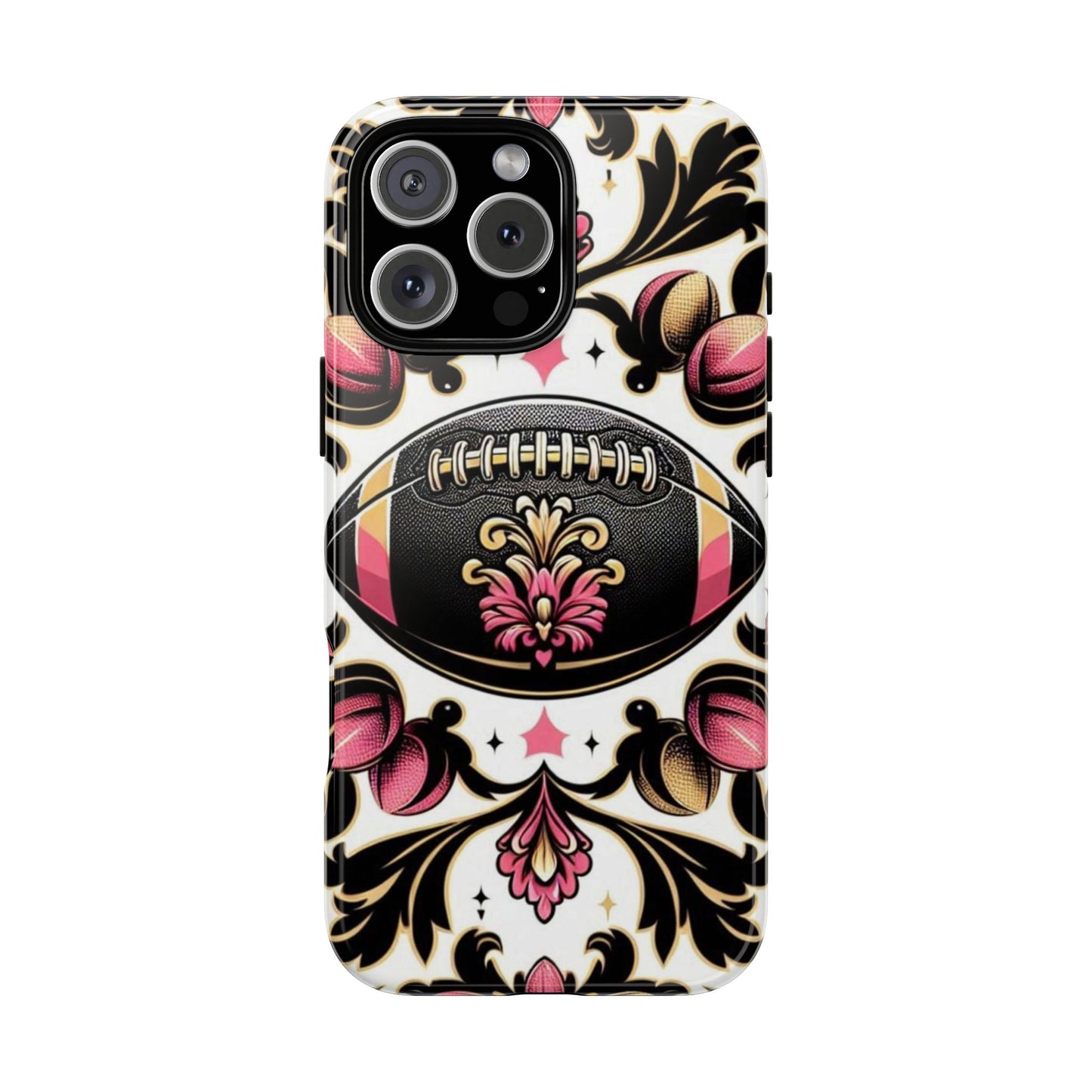 Elegant Floral Motif Phone Case - Tough Cases with Vintage Design - Damask White, Pink Gold & Black Football