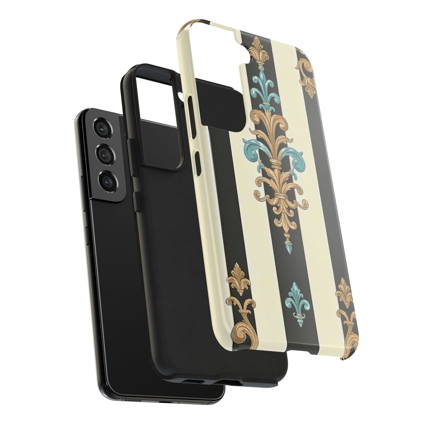Elegant Vintage Tough Phone Cases, Stylish Phone Accessories, Quality Protection, Gifts for Her - Black Striped Turquoise & Black Rococo