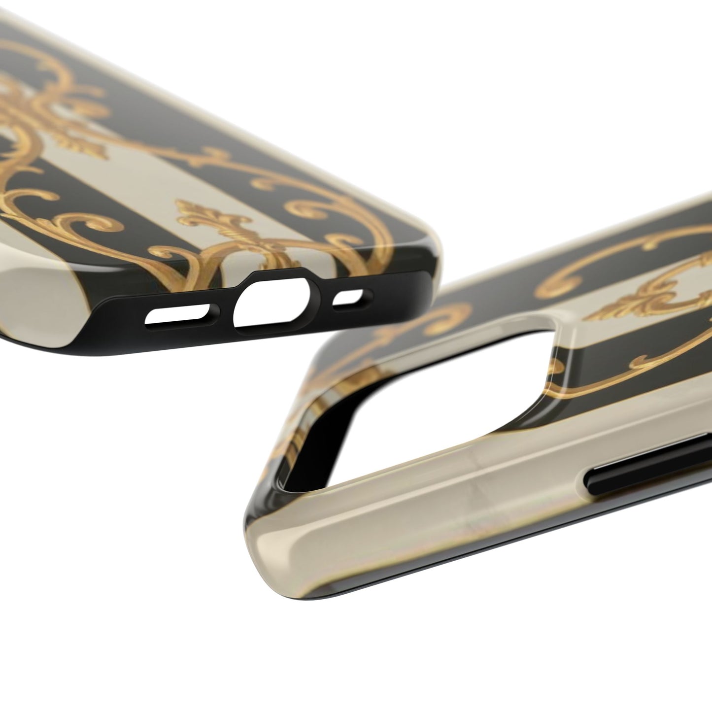 Elegant Black & Alabaster Striped Baroque Tough Phone Cases - Chic Protection, Black Gold Decor, Stylish Accessory, Gift for Her, Trendy Tech