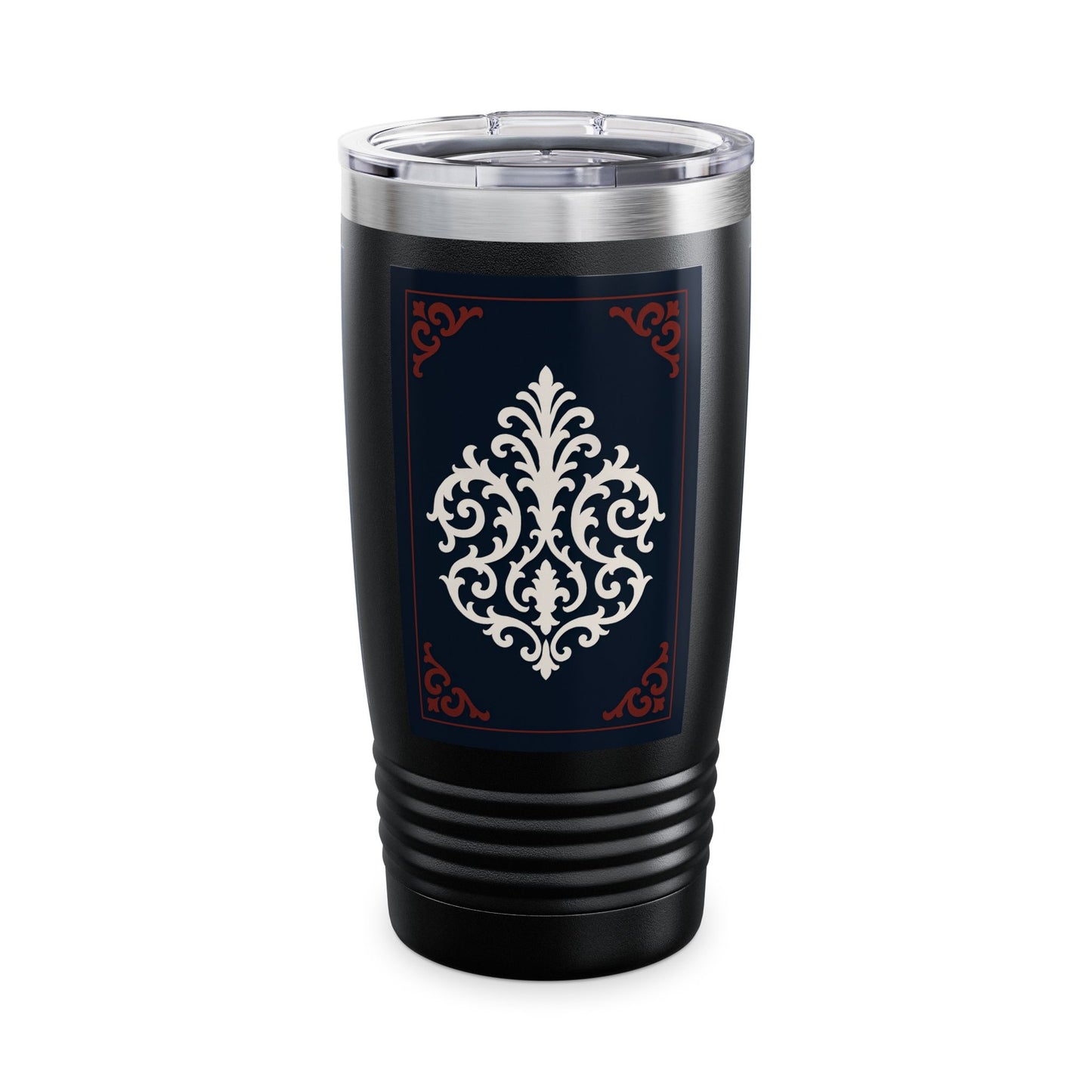 Dusk Blue-Maroon & White Baroque 20oz Ringneck Tumbler with Classic Baroque Design — Elegant Travel Mug