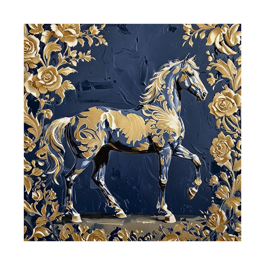 Floral Motif Art Poster - Elegant Matte Vertical Wall Decor - Midnight Blue & Gold Damask Horse