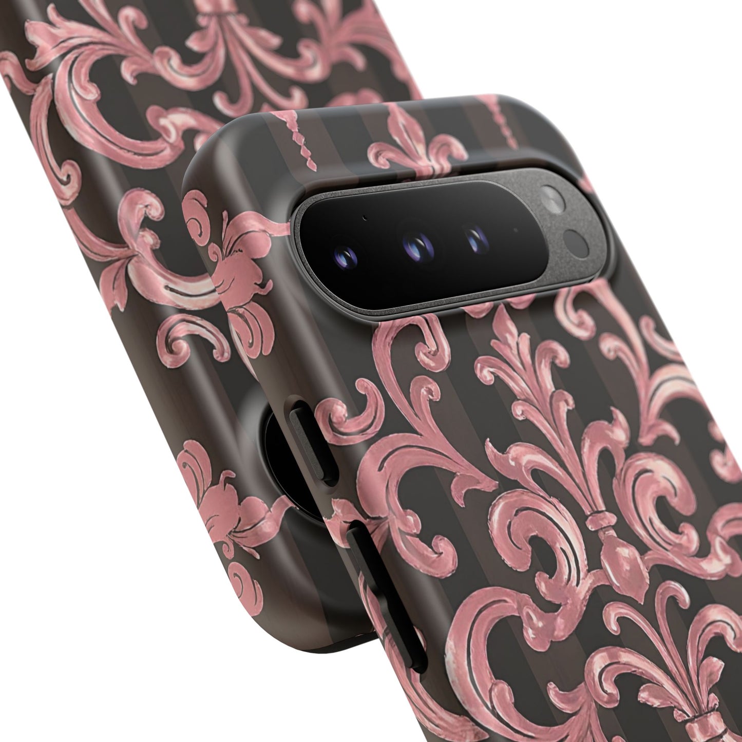 Elegant Floral Motif Phone Case - Tough Cases with Vintage Design - Brown Striped Mauve Damask