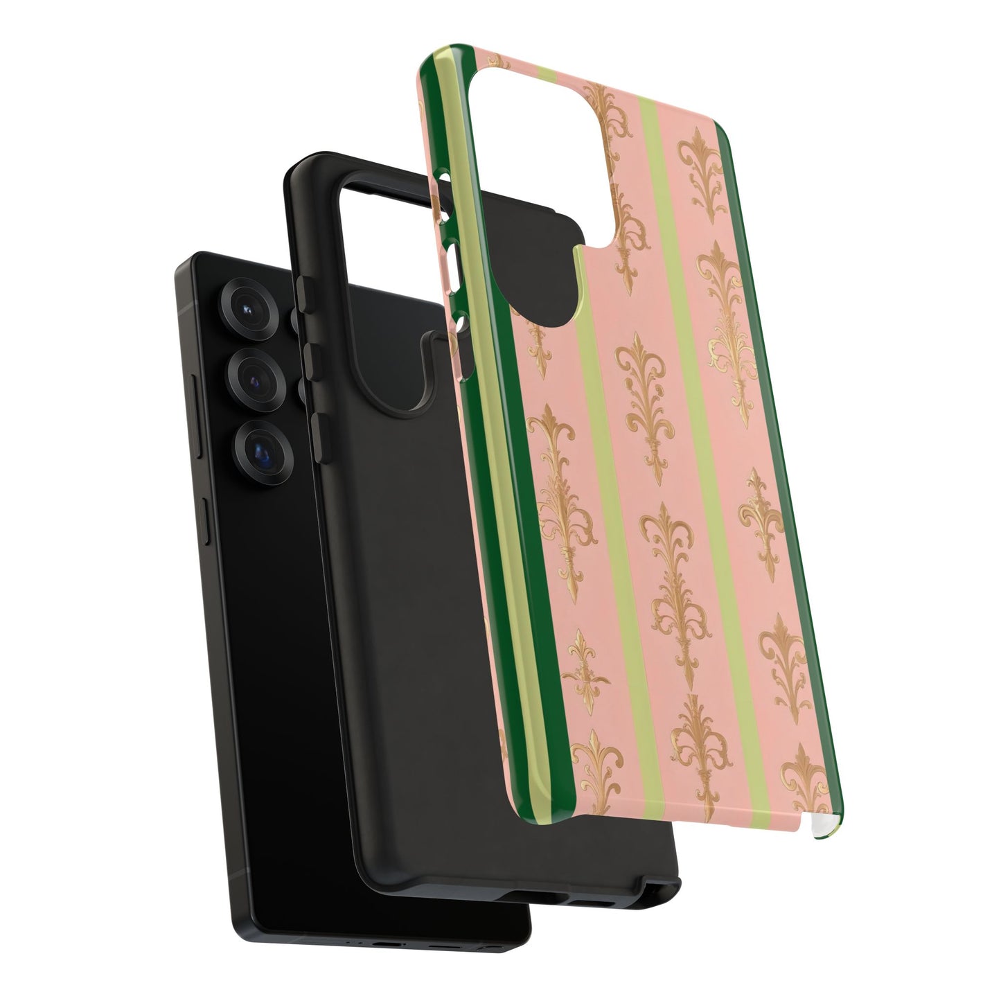 Elegant Floral Motif Phone Case - Tough Cases with Vintage Design - Lime Green & Pink Striped Damask