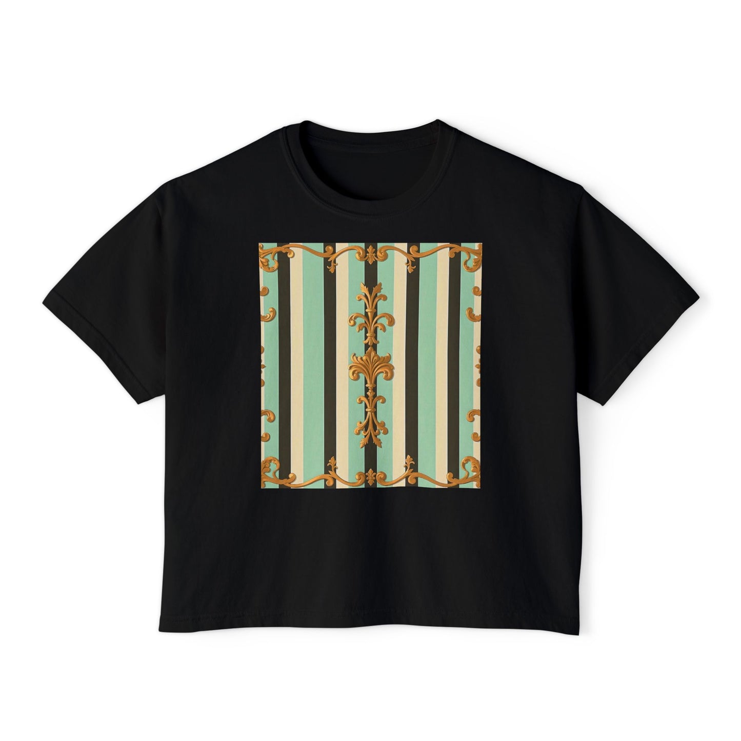 Boho Women's Boxy Tee, Casual Crop Top, Summer Tee, Festival Shirt, Everyday Wear, Vintage Style - Black & Matte Mint Striped Rococo
