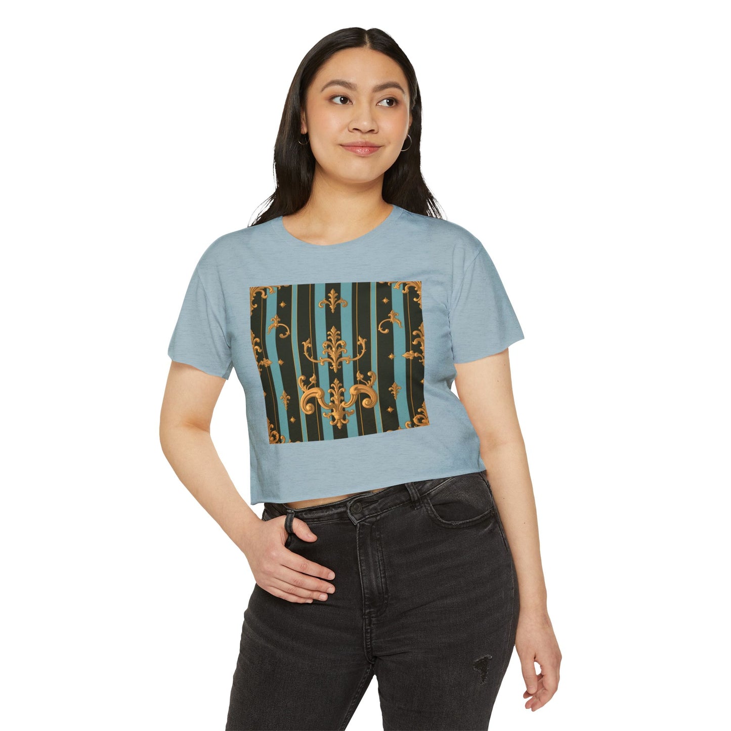 Boho Festival Crop Top, Trendy Summer Top, Stylish Women’s Crop Tee, Perfect for Music Festivals, Casual Wear - Black & Turquoise Striped Baroque