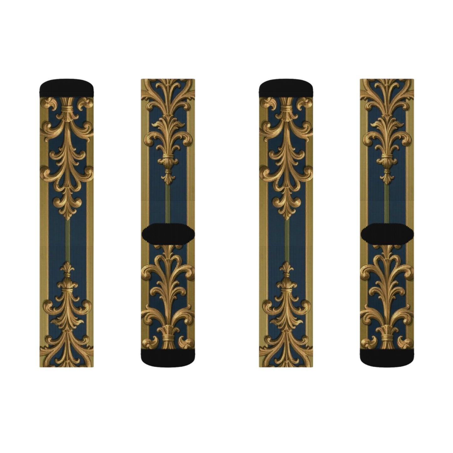 Elegant Midnight Blue & Olive Striped Gold Baroque Sublimation Socks, Stylish Patterned Socks, Trendy Gift Socks, Fashion Accessories