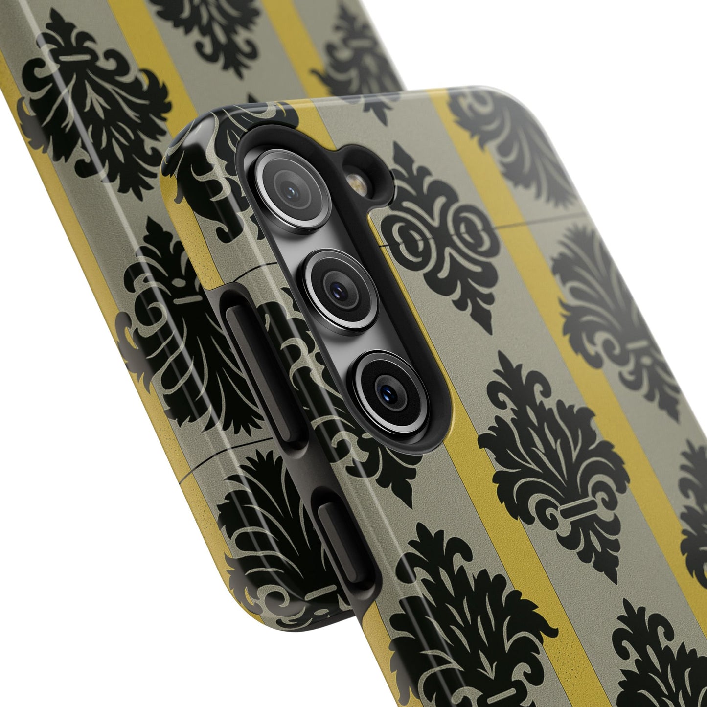 Elegant Baroque Tough Phone Cases | Chic Phone Protection | Gift for Her | Stylish Accessory | Holiday Gift Idea | Silver & Gold Striped Black Baroque