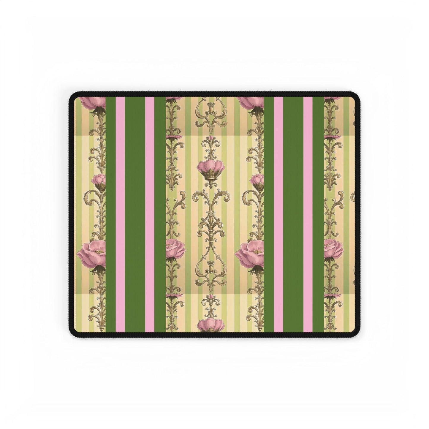 Elegant Floral Motif Desk Mat for Home Office Decor - Lime Green & Pink Striped Damask