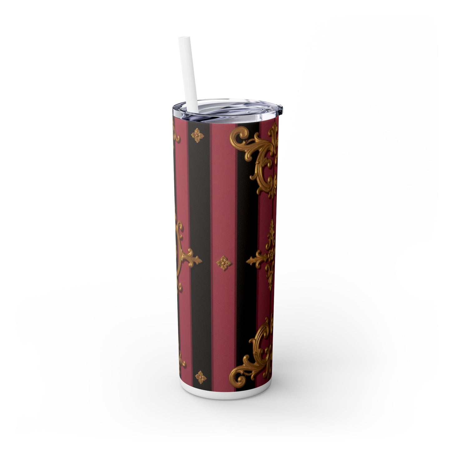 Elegant Black & Mauve Striped Gold Baroque Striped Skinny Tumbler with Straw, 20oz | Vintage Gold Accent Drinkware, Wedding Gift, Party Favor, Travel Mug