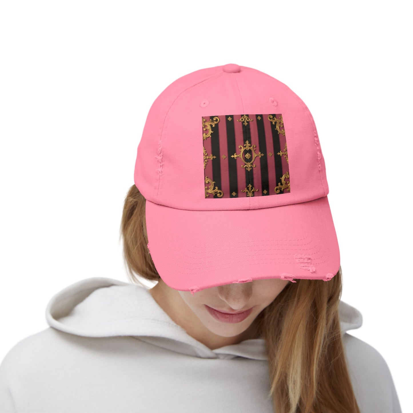 Chic Black & Mauve Striped Gold Baroque Distressed Cap, Trendy Hat, Vintage Style Cap, Gift for Him/Her, Casual Accessory