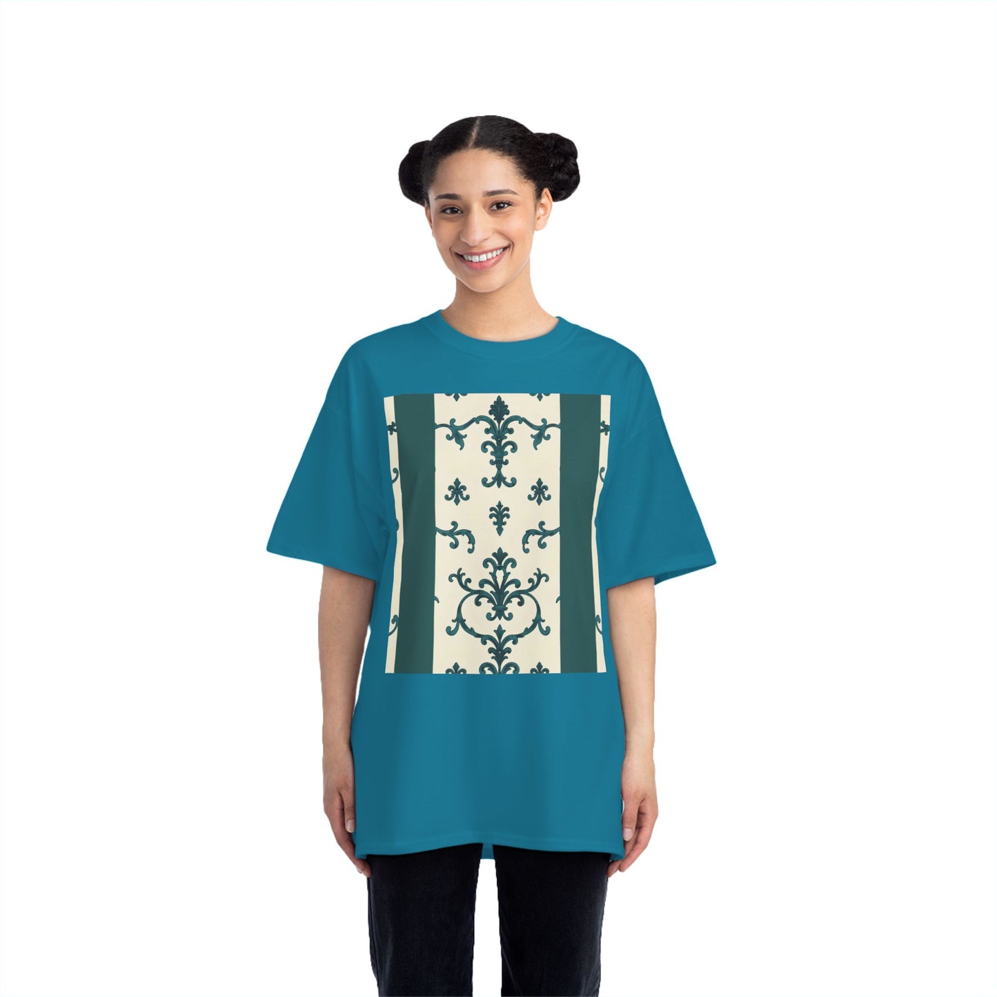 Vintage-Inspired Short-Sleeve T-Shirt, Casual Wear, Graphic Tee, Summer Outfit, Gift for Friends, Retro Design - Teal Striped Rococo