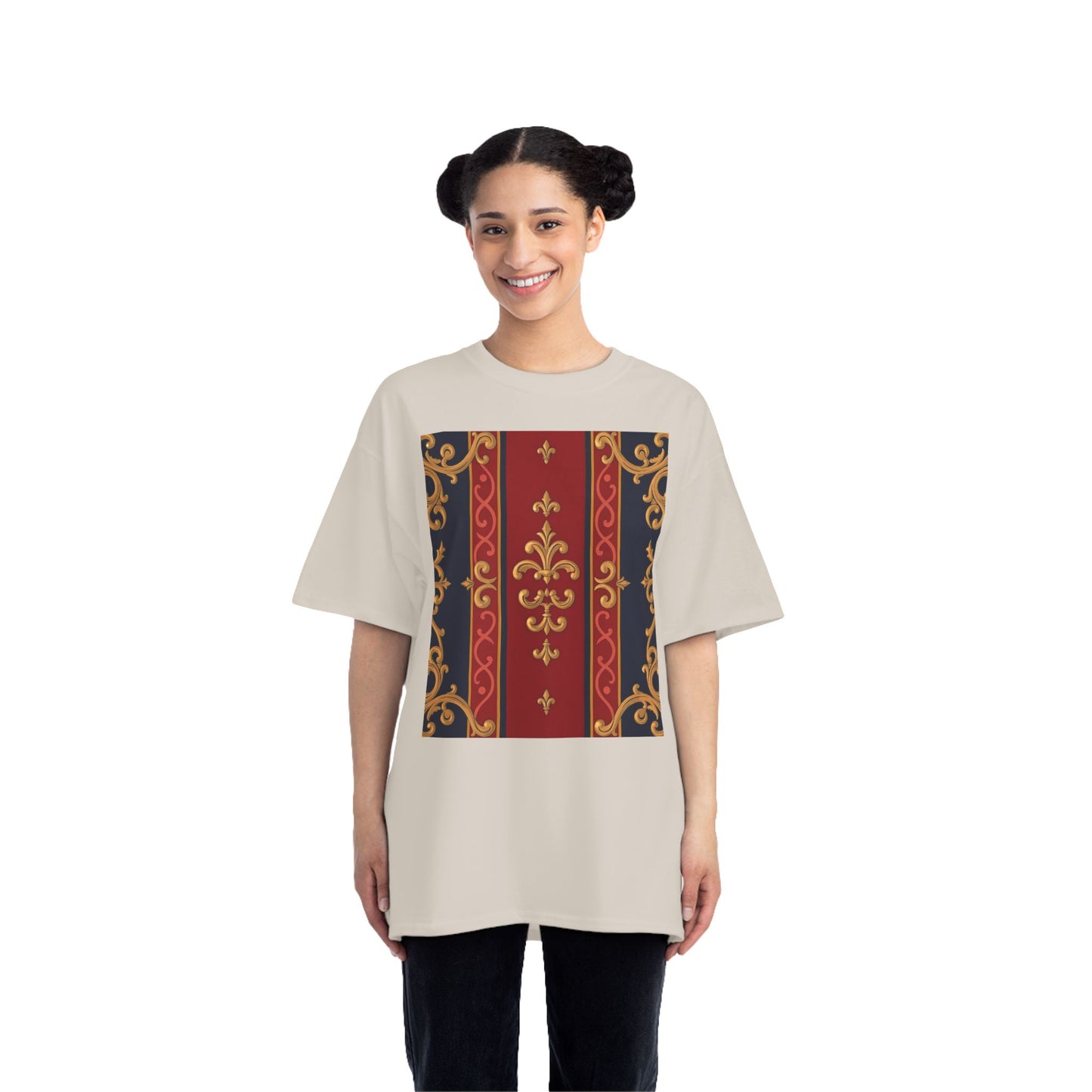 Elegant Baroque T-Shirt for Fashion Lovers, Casual Wear, Gift for Her, Unique Tee for Art Enthusiasts - Midnight Blue & Dusk Red Gold Baroque