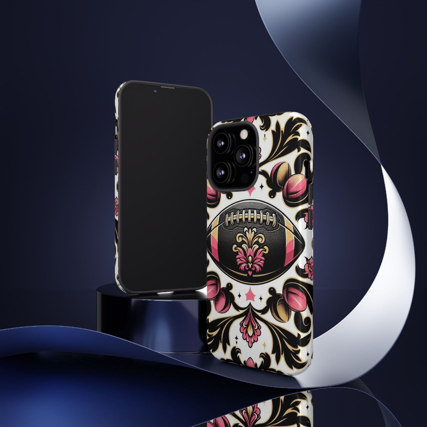 Elegant Floral Motif Phone Case - Tough Cases with Vintage Design - Damask White, Pink Gold & Black Football