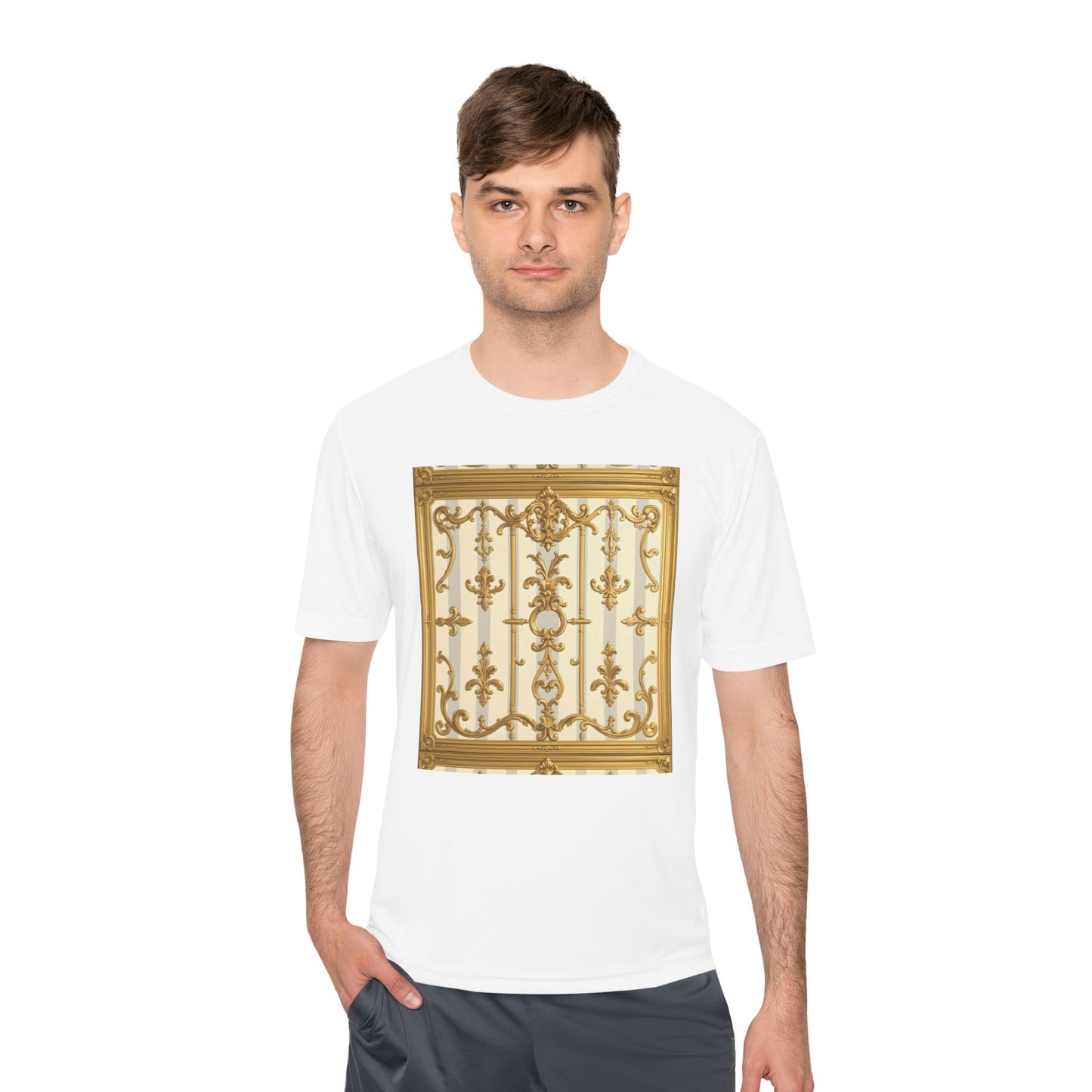 Elegant Gold Unisex Moisture Wicking Tee, Fashion Tee, Workout Shirt, Summer Style - Matte Gray & Cream Striped Gold Baroque