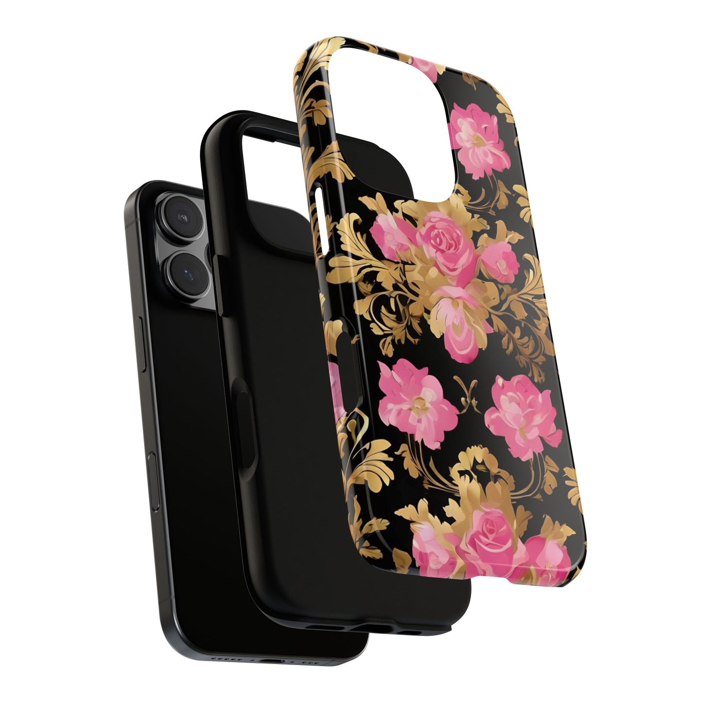 Elegant Floral Motif Phone Case - Tough Cases with Vintage Design - Pink & Gold Roses