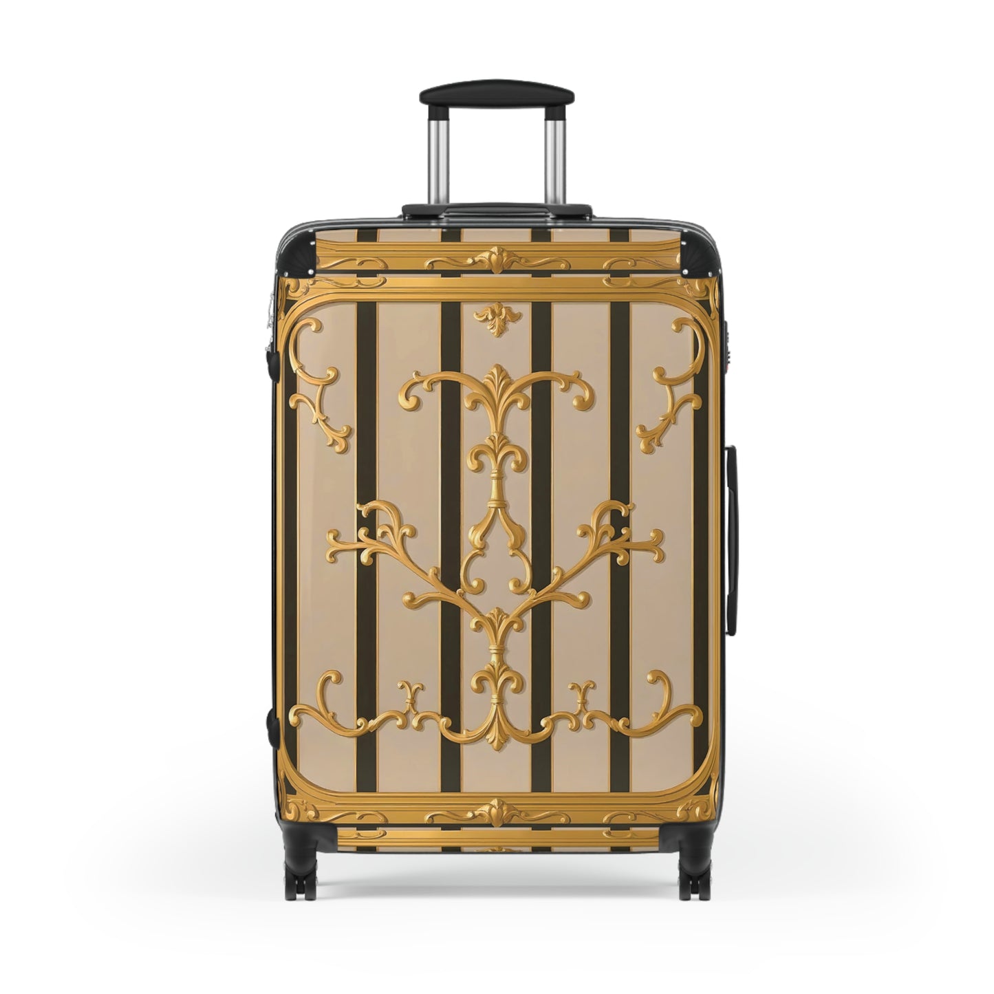 Elegant Travel Suitcase with Vintage Design, Stylish Luggage for Adventurers, Holiday Travel Gear - Beige Striped Gold Rococo