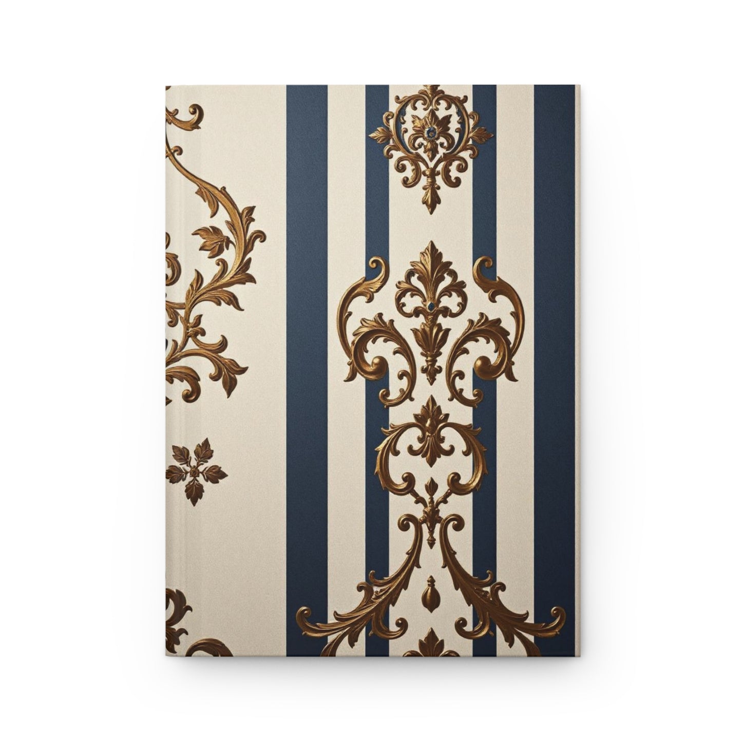 Elegant Floral Motif Hardcover Journal - Stylish Writing Notebook - Alabaster & Blue Striped Damask Design