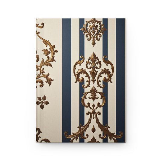 Elegant Floral Motif Hardcover Journal - Stylish Writing Notebook - Alabaster & Blue Striped Damask Design