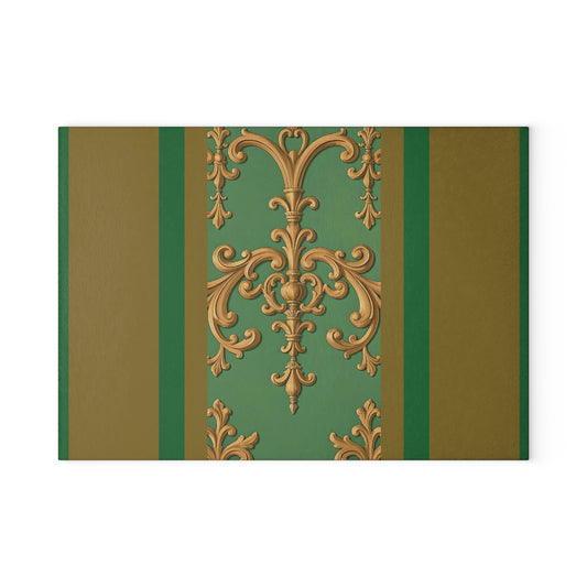 Elegant Vintage Glass Cutting Board - Kitchen Decor, Culinary Gift, Cooking Accessory, Housewarming Present - Olive Green Striped Rococo