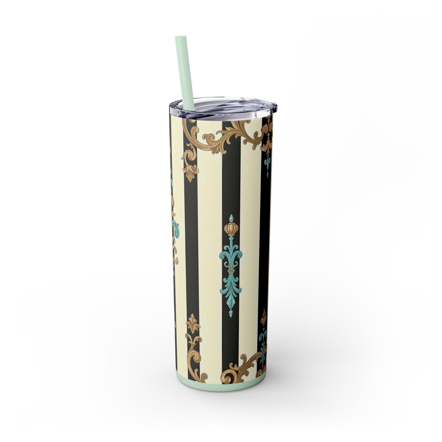 Elegant Stripe Skinny Tumbler | 20oz | Ideal Gift for Home, Office, Travel, Party, or Everyday Use - Black Striped Turquoise & Black Rococo