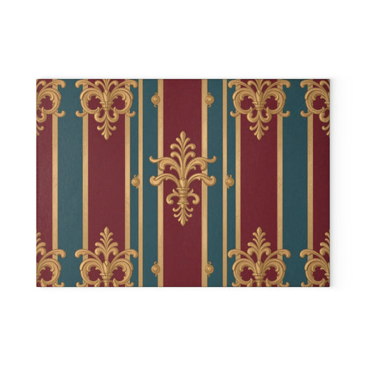 Elegant Floral Glass Cutting Board, Kitchen Decor, Home Gift, Cooking Accessory, Housewarming Present  - Burgundy Striped Gold Baroque