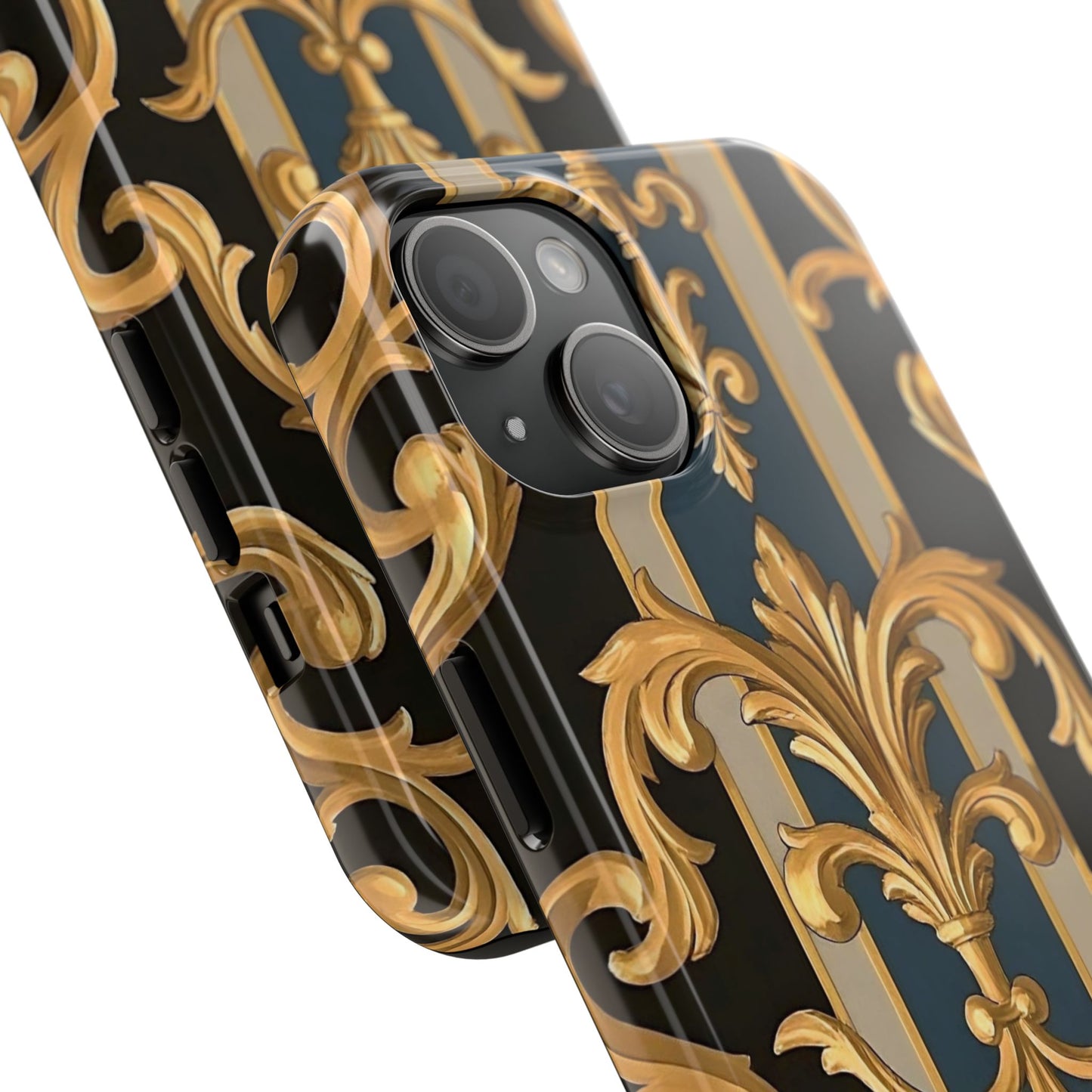 Elegant Rococo Phone Cases, Tough iPhone Case, Floral Design Case, Luxury Phone Cover - Blue & Black Striped Rococo