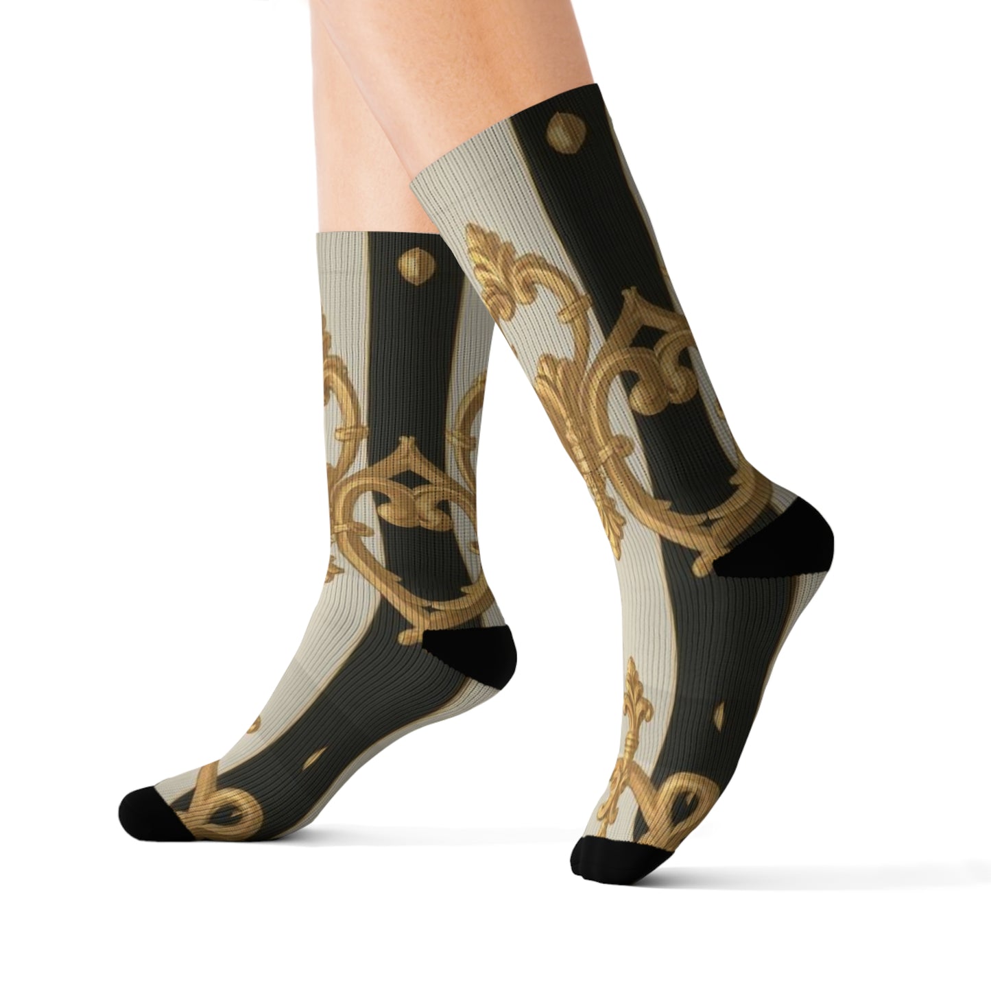 Luxurious Black & Alabaster Striped Baroque Patterned Socks - Stylish Sublimation Socks for Daily Wear, Gifts, Fashion Accessories, Special Occasions