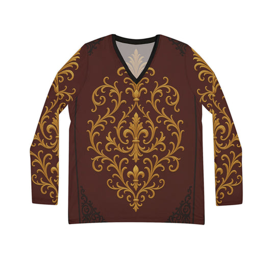 Dusk Burgundy-Black & Gold Baroque Women's V-Neck Long Sleeve Top — Vintage Gold Baroque Burgundy All-Over Print