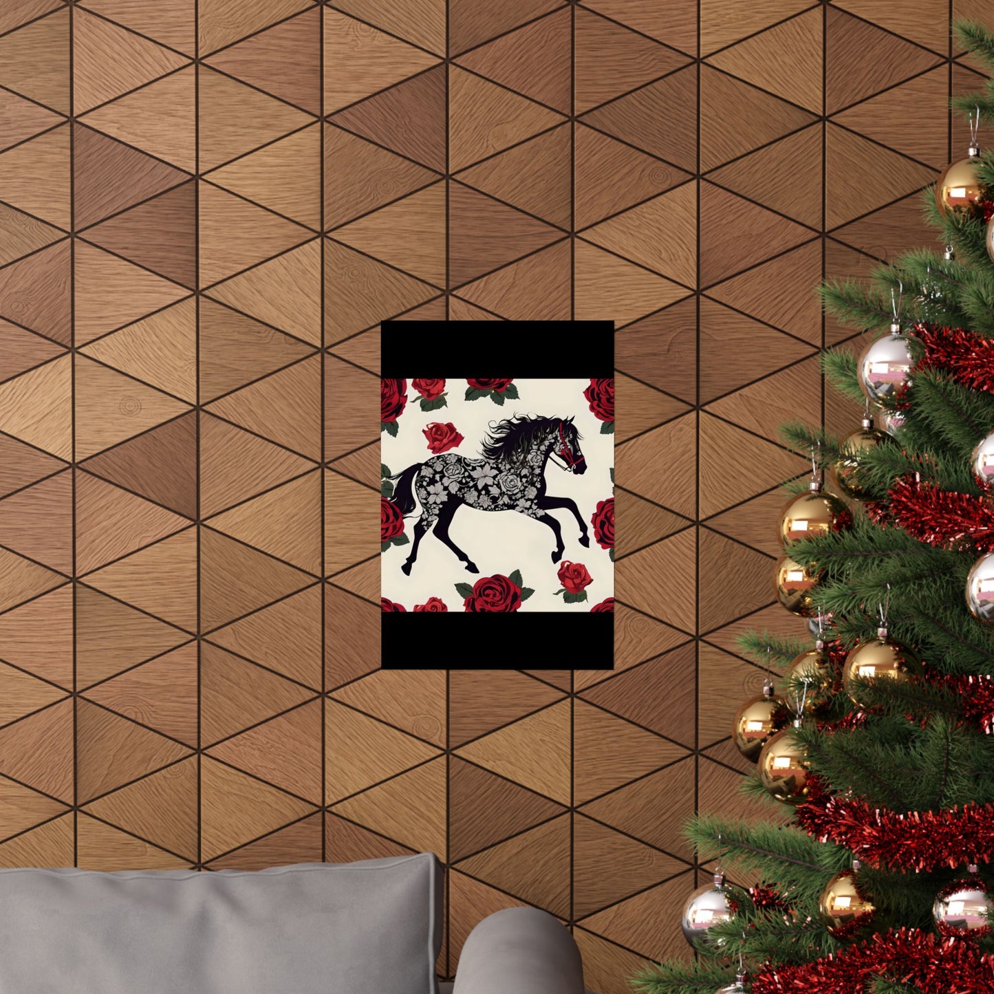 Floral Motif Art Poster - Elegant Matte Vertical Wall Decor - Horse & Roses