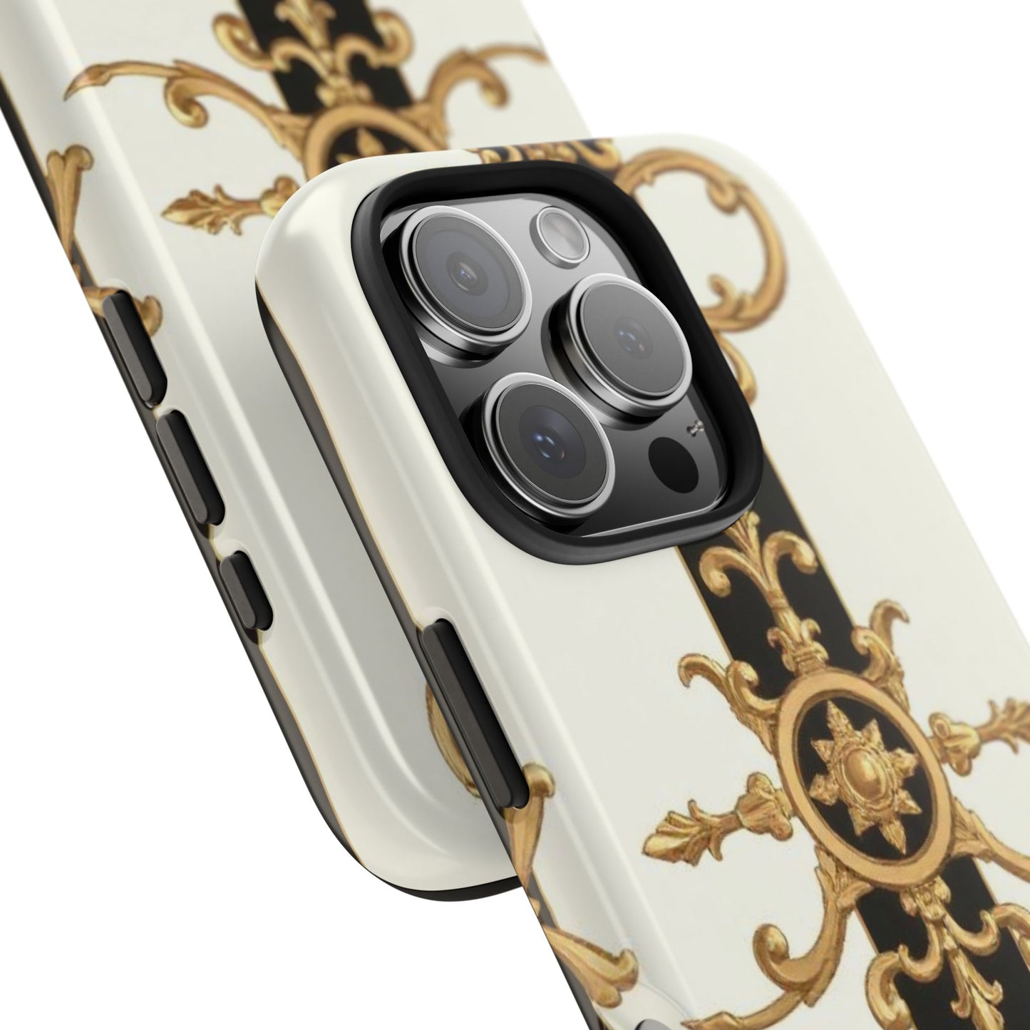 Elegant Baroque Tough Phone Case | Stylish Protection for Your Device, Gift for Her, Phone Accessories - Black & White Striped Gold Baroque