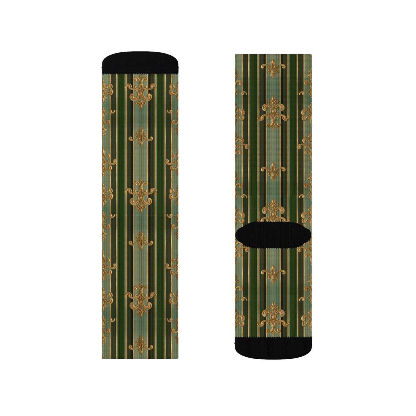 Stylish Floral Sublimation Socks | Unique Gift for Fashion Lovers, Comfortable Daily Wear - Green Striped Gold Baroque