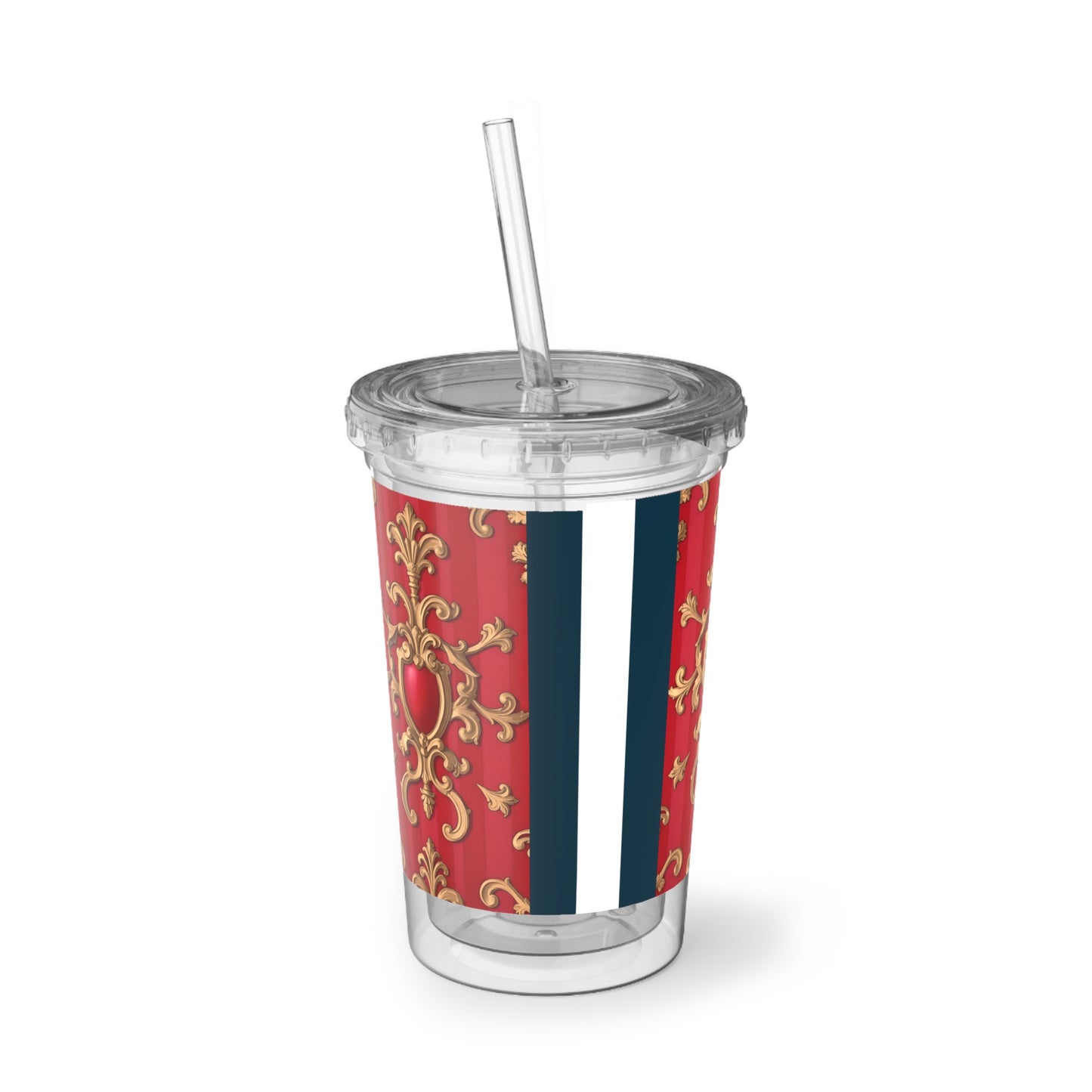 Elegant Acrylic Cup with Regal Design, Perfect for Gifts, Parties, Everyday Use, Travel, Holiday Celebrations - Blue, Red & White Striped Baroque