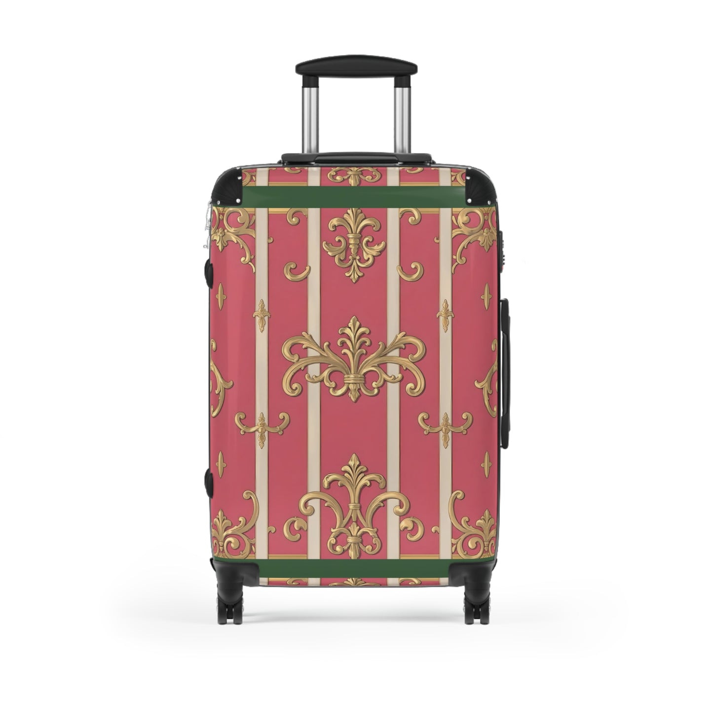 Elegant Green Border Pink Striped Baroque Suitcase for Travelers, Stylish Luggage for Vacations and Getaways, Gift for Adventure Lovers