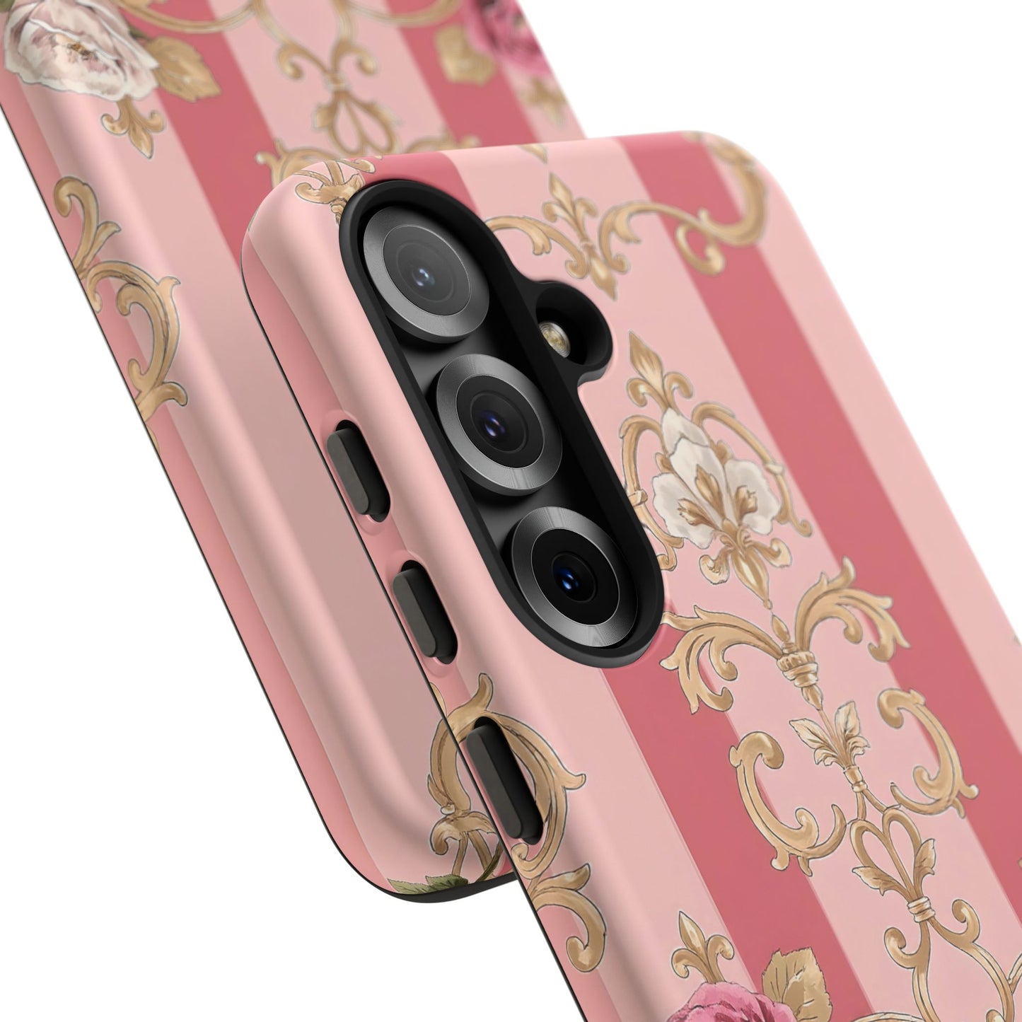 Elegant Floral Motif Phone Case - Tough Cases with Vintage Design - Pink Striped Roses & Damask